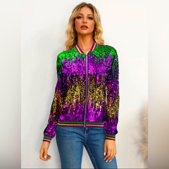 Mardi Gras Sequin Zip Up Colorblock Jacket - Picture 1 of 7